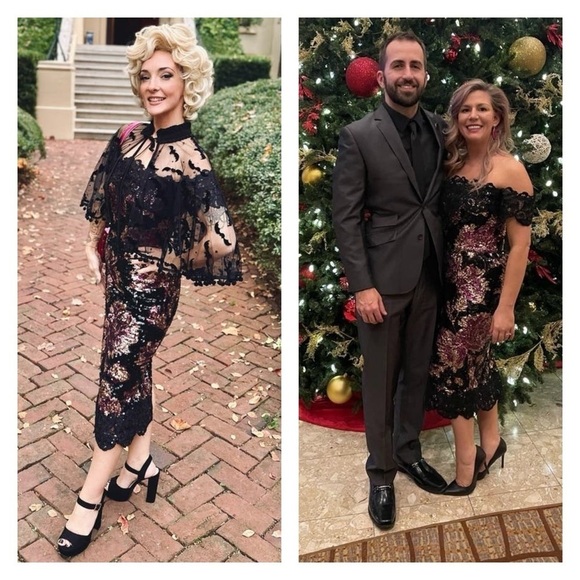 MARCHESA NOTTE dress black pink 8 floral sequin lace off the shoulder formal - Picture 2 of 16